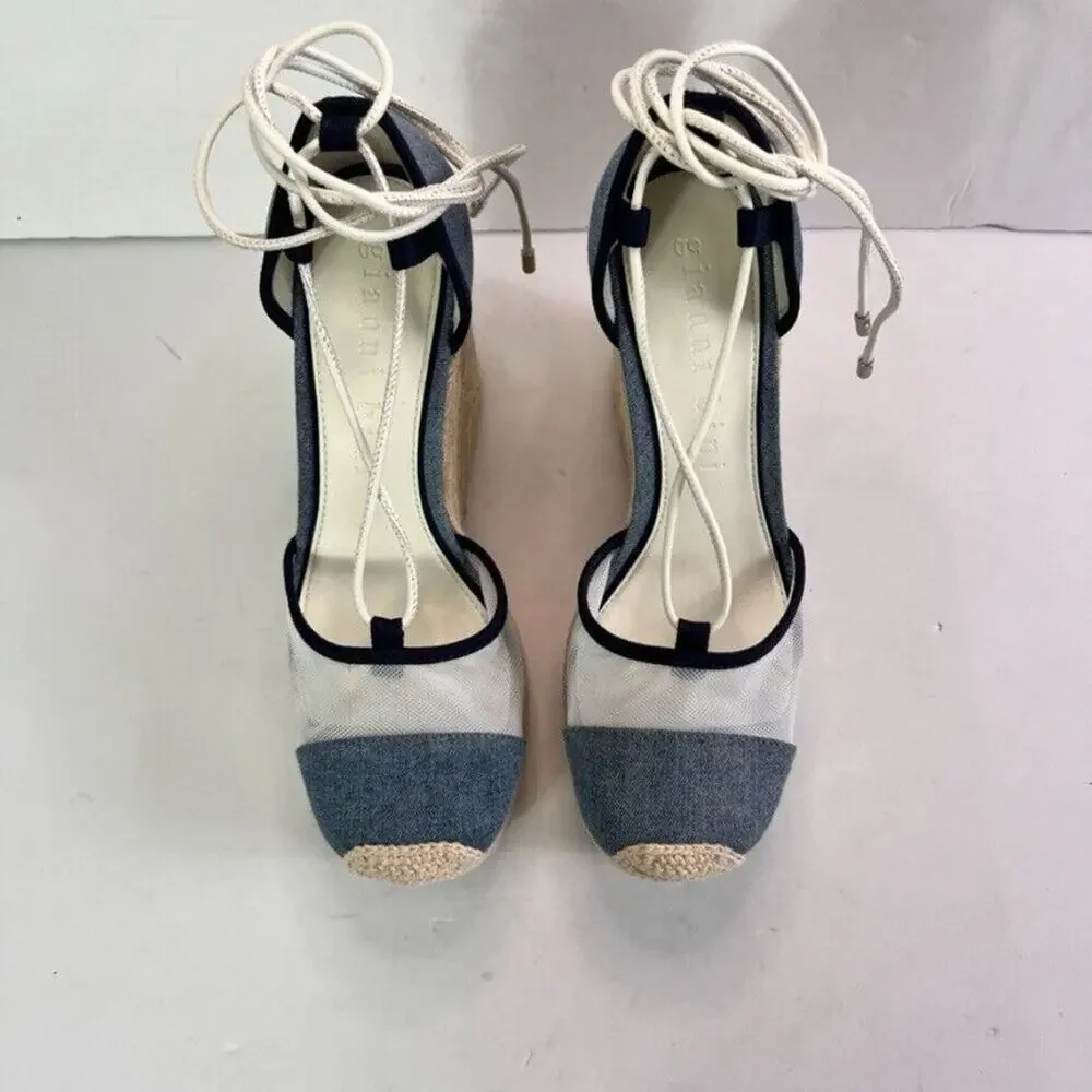 Gianni Bini Sandals Platform Wedges Women 7 Blue Denim Mesh Espadrille Gladiator - Picture 10 of 13